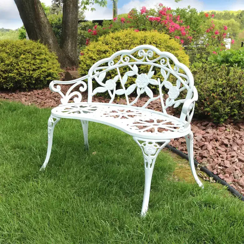 Banc de jardin extérieur Sunnydaze 2 places en aluminium moulé motif rose classique, blanc