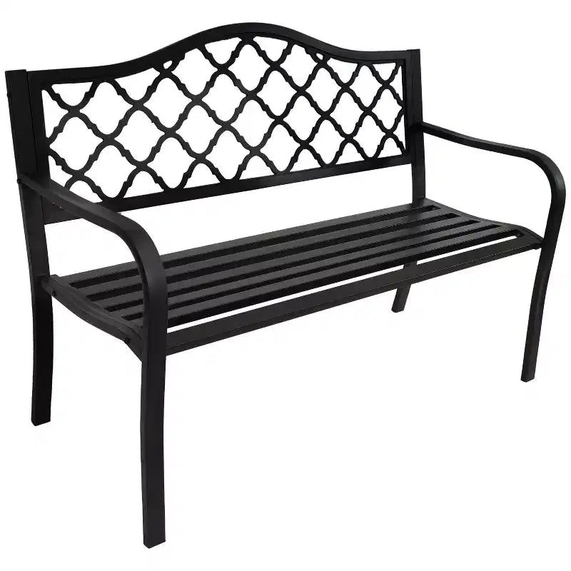 Sunnydaze 2-Person Lattice Design Black Cast Iron Outdoor Garden Bench