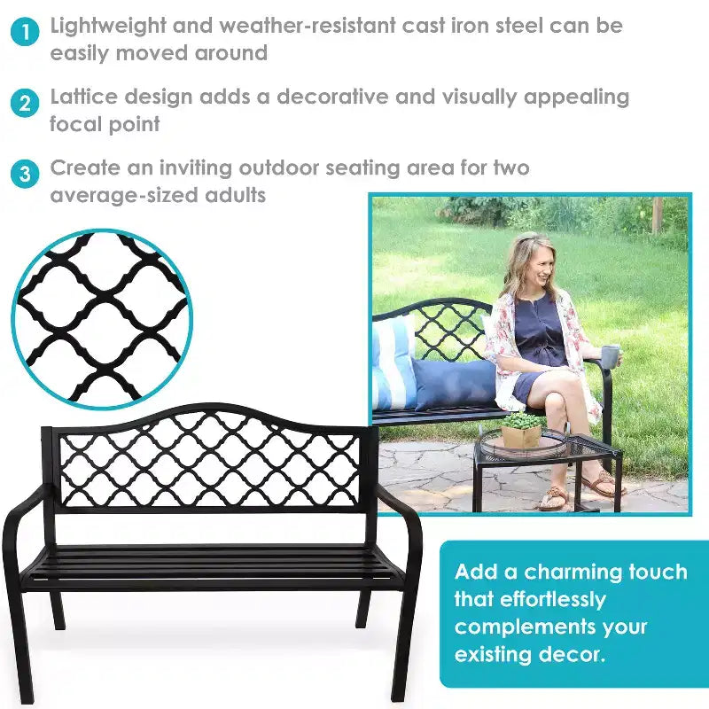 Banc de jardin extérieur en fonte noire Sunnydaze 2 places avec motif en treillis
