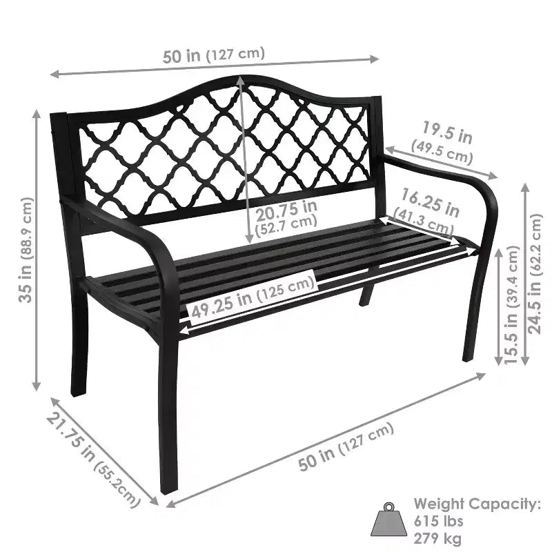 Banc de jardin extérieur en fonte noire Sunnydaze 2 places avec motif en treillis