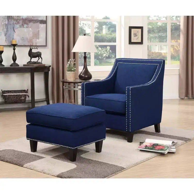 Square Upholstered Ottoman with Nailhead Trim & Espresso Legs