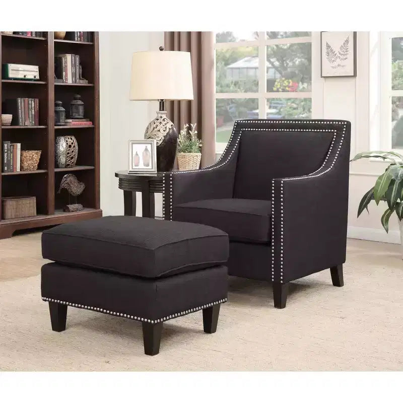Square Upholstered Ottoman with Nailhead Trim & Espresso Legs