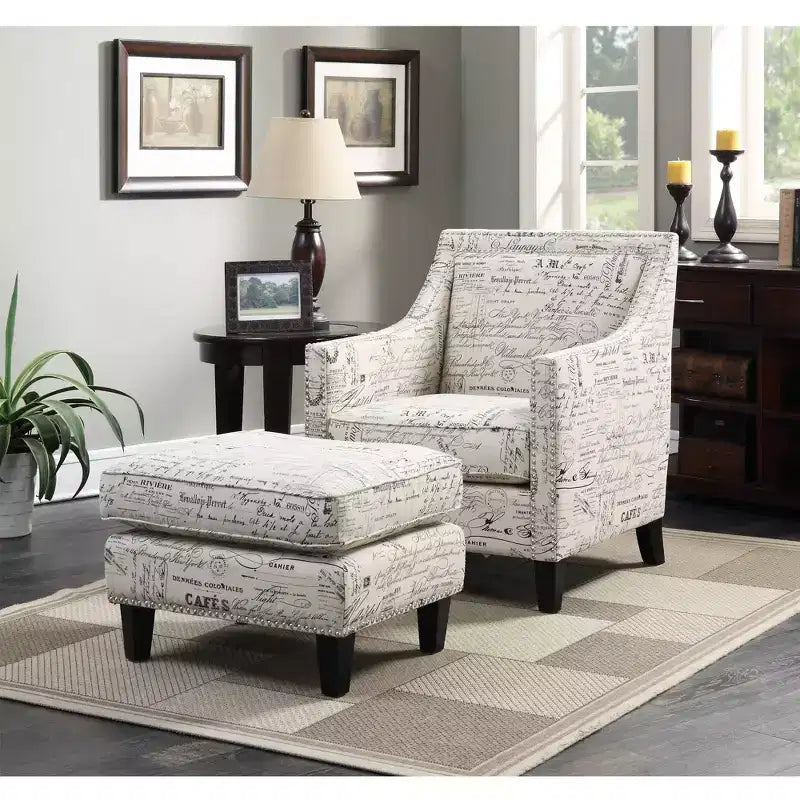 Square Upholstered Ottoman with Nailhead Trim & Espresso Legs
