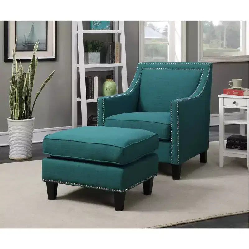 Square Upholstered Ottoman with Nailhead Trim & Espresso Legs