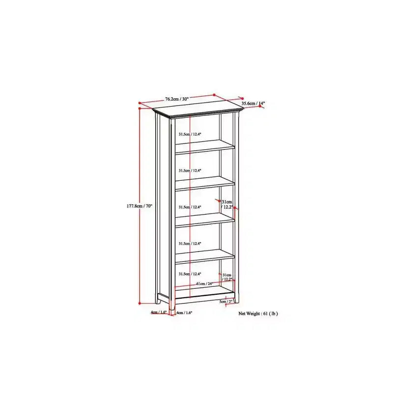 70" Five-Shelf Solid Wood Bookcase - Lacquered Pine, 4 Adjustable Shelves