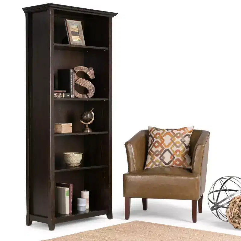 70" Five-Shelf Solid Wood Bookcase - Lacquered Pine, 4 Adjustable Shelves