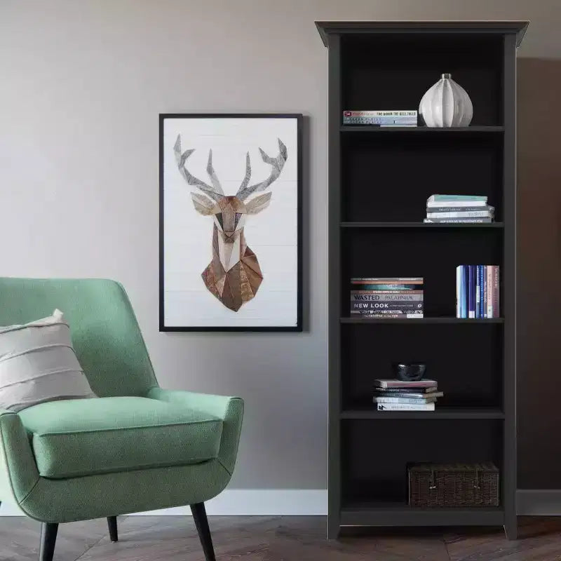 70" Five-Shelf Solid Wood Bookcase - Lacquered Pine, 4 Adjustable Shelves