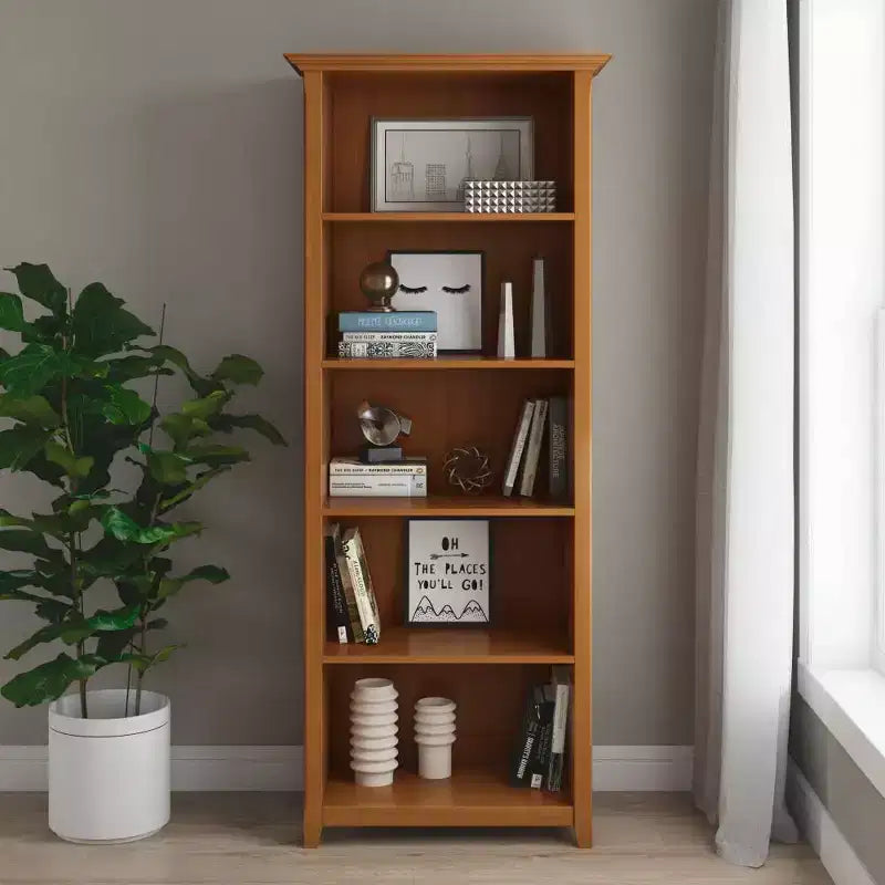 70" Five-Shelf Solid Wood Bookcase - Lacquered Pine, 4 Adjustable Shelves
