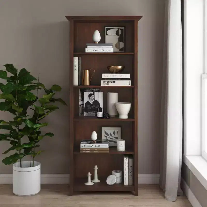 70" Five-Shelf Solid Wood Bookcase - Lacquered Pine, 4 Adjustable Shelves