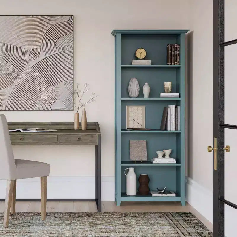 70" Five-Shelf Solid Wood Bookcase - Lacquered Pine, 4 Adjustable Shelves