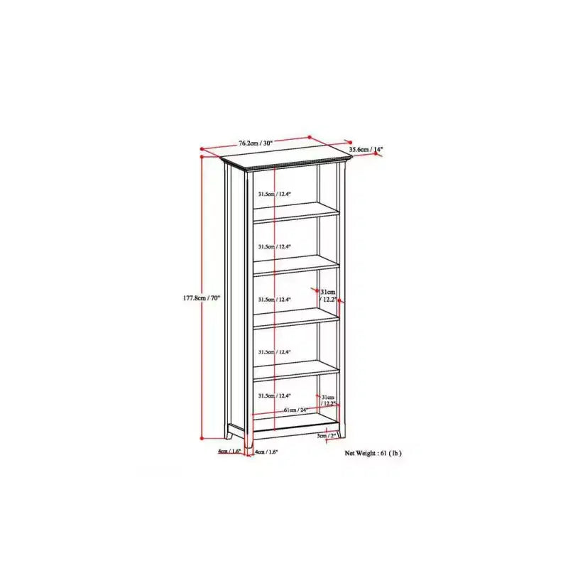 70" Five-Shelf Solid Wood Bookcase - Lacquered Pine, 4 Adjustable Shelves