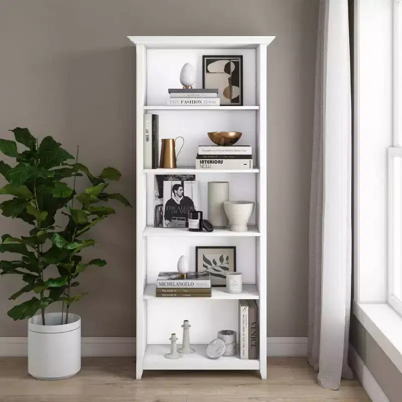 70" Five-Shelf Solid Wood Bookcase - Lacquered Pine, 4 Adjustable Shelves