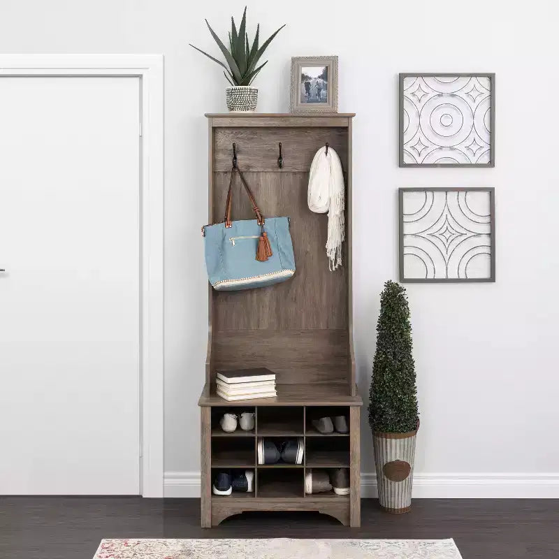 27" Narrow Hall Tree with 9 Shoe Cubbies & 3 Double Coat Hooks