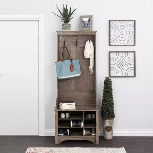 27" Narrow Hall Tree with 9 Shoe Cubbies & 3 Double Coat Hooks
