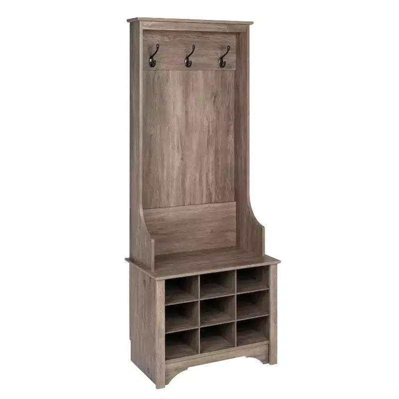 27" Narrow Hall Tree with 9 Shoe Cubbies & 3 Double Coat Hooks