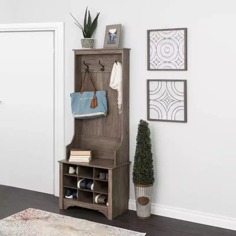 27" Narrow Hall Tree with 9 Shoe Cubbies & 3 Double Coat Hooks