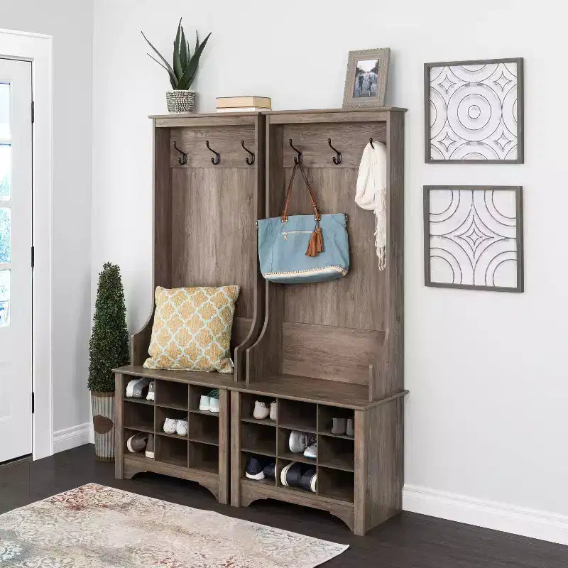 27" Narrow Hall Tree with 9 Shoe Cubbies & 3 Double Coat Hooks