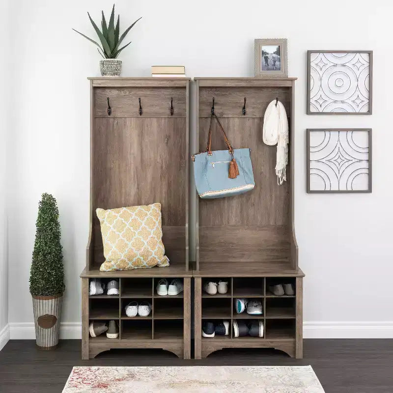 27" Narrow Hall Tree with 9 Shoe Cubbies & 3 Double Coat Hooks
