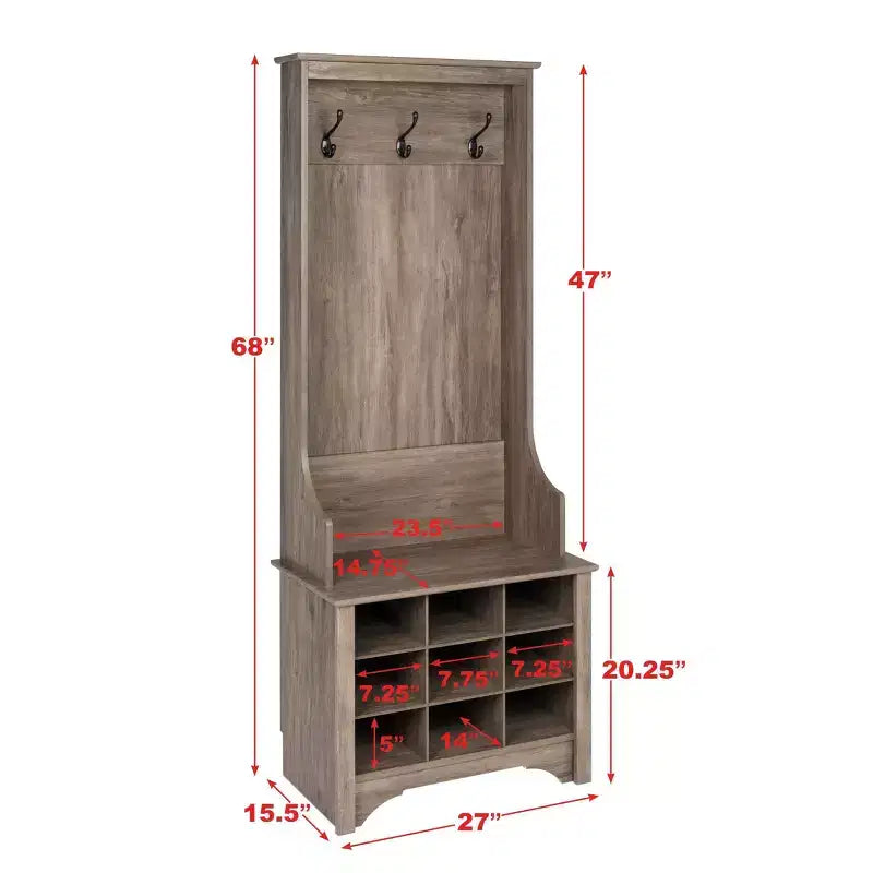 27" Narrow Hall Tree with 9 Shoe Cubbies & 3 Double Coat Hooks