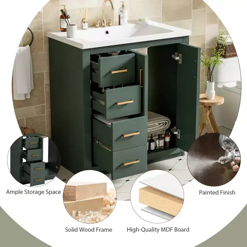 Meuble-lavabo de salle de bain 30 pouces à vasque simple avec armoire et 3 tiroirs – Noir / Bleu / Vert / Indigo / Blanc