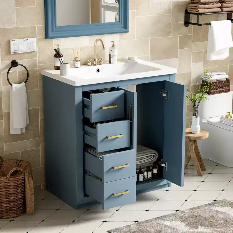 Meuble-lavabo de salle de bain 30 pouces à vasque simple avec armoire et 3 tiroirs – Noir / Bleu / Vert / Indigo / Blanc