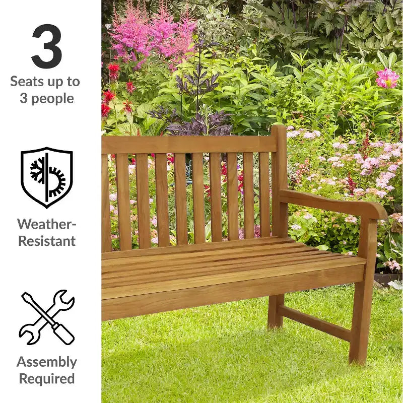 Banc de jardin Sunnydaze d'extérieur en teck massif avec finition teintée claire - 60 po - Brun clair