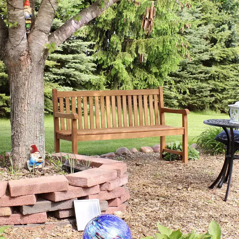 Banc de jardin Sunnydaze d'extérieur en teck massif avec finition teintée claire - 60 po - Brun clair