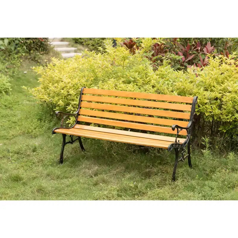 Banc d'extérieur en bois pour parc, patio, jardin, avec accoudoirs et pieds en acier décoratifs