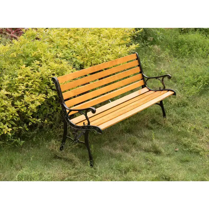 Banc d'extérieur en bois pour parc, patio, jardin, avec accoudoirs et pieds en acier décoratifs