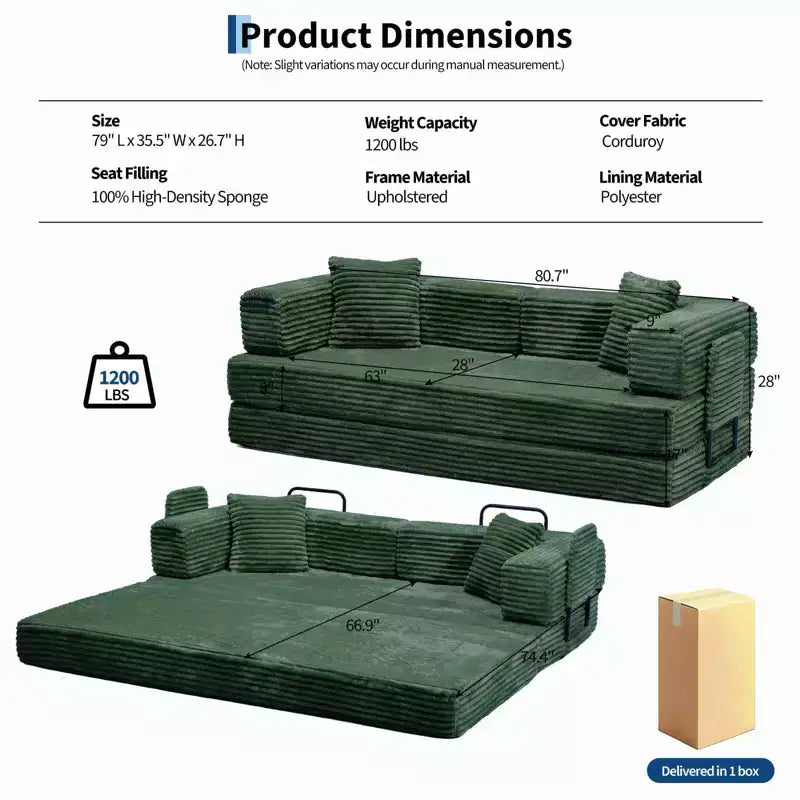 80,7 Canapé-lit convertible 5-en-1 – Corduroy, 544 kg, Aucun assemblage requis