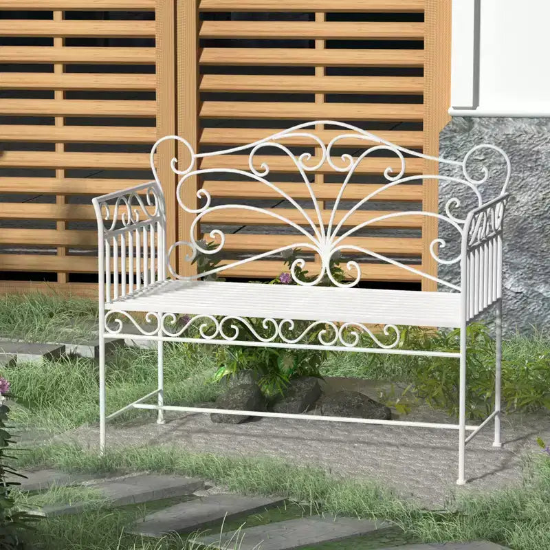 Outsunny Banc de jardin en métal de style antique 44,75 po, causeuse avec motif de lierre sur le dossier, blanc crème