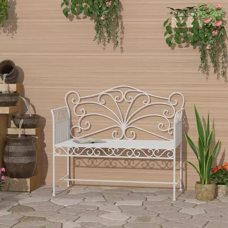Outsunny Banc de jardin en métal de style antique 44,75 po, causeuse avec motif de lierre sur le dossier, blanc crème