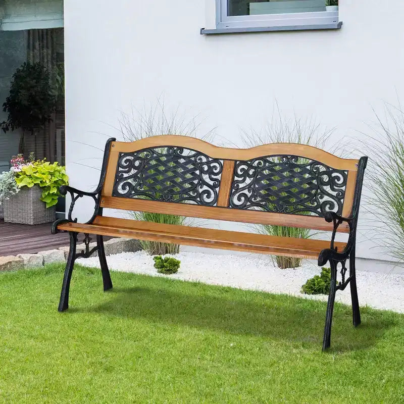 Outsunny Banc de jardin extérieur 50, Banc de patio style parc, Structure en bois de pin et métal avec dossier antique en plastique, Bois naturel