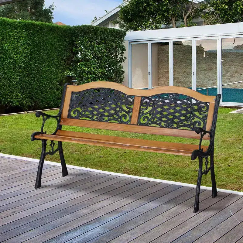 Outsunny Banc de jardin extérieur 50, Banc de patio style parc, Structure en bois de pin et métal avec dossier antique en plastique, Bois naturel