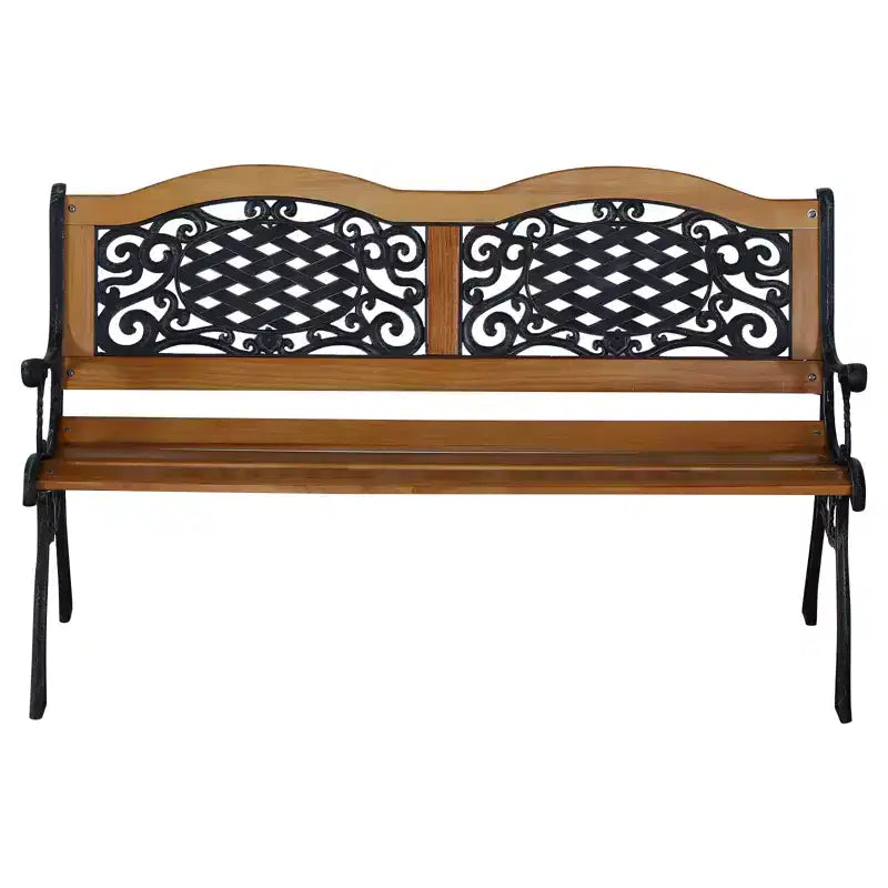Outsunny Banc de jardin extérieur 50, Banc de patio style parc, Structure en bois de pin et métal avec dossier antique en plastique, Bois naturel