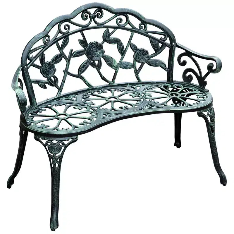Outsunny Outdoor Bench, Cast Aluminum Outdoor Furniture, Metal Bench with Floral Rose Accent & Antique Finish, Green
