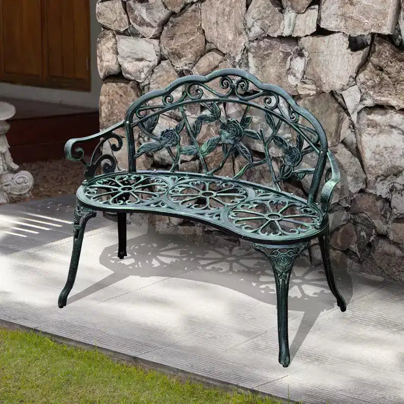Banc d'extérieur Outsunny, Mobilier de jardin en fonte d'aluminium, Banc en métal avec motif floral rose et finition antique, Vert