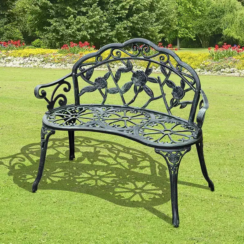 Banc d'extérieur Outsunny, Mobilier de jardin en fonte d'aluminium, Banc en métal avec motif floral rose et finition antique, Vert