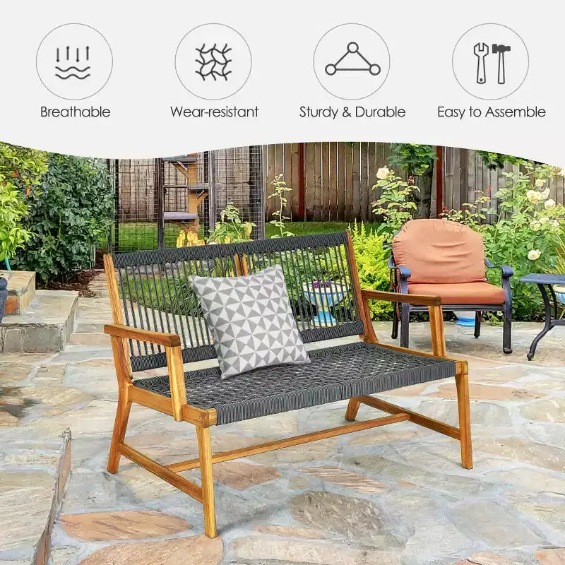 Banc de patio Costway 2 places en bois d'acacia Causeuse Chaise de jardin Noir/Gris/Turquoise