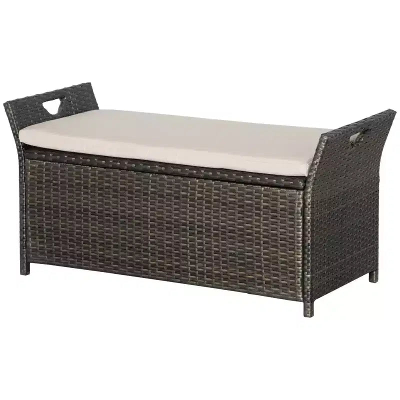 Banc de rangement en osier Outsunny 109 L, mobilier de jardin en rotin PE, pouf rectangulaire 2-en-1 avec poignées et coussin