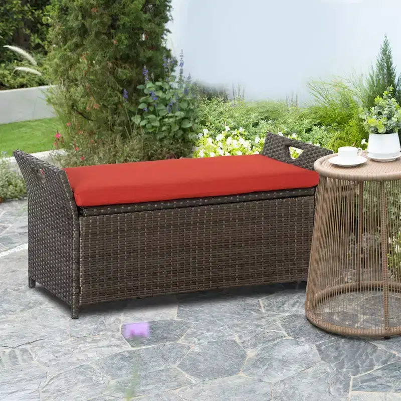 Banc de rangement en osier Outsunny 109 L, mobilier de jardin en rotin PE, pouf rectangulaire 2-en-1 avec poignées et coussin