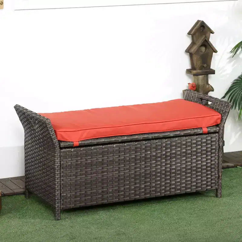 Banc de rangement en osier Outsunny 109 L, mobilier de jardin en rotin PE, pouf rectangulaire 2-en-1 avec poignées et coussin