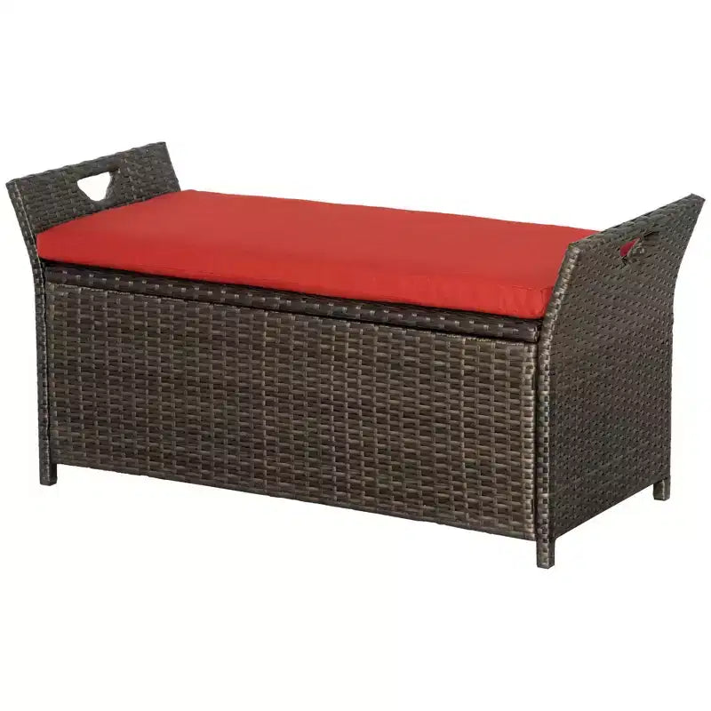 Banc de rangement en osier Outsunny 109 L, mobilier de jardin en rotin PE, pouf rectangulaire 2-en-1 avec poignées et coussin