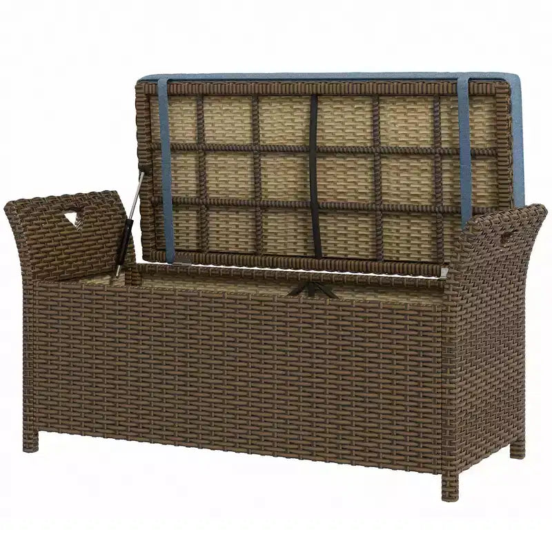 Banc de rangement en osier Outsunny 109 L, mobilier de jardin en rotin PE, pouf rectangulaire 2-en-1 avec poignées et coussin