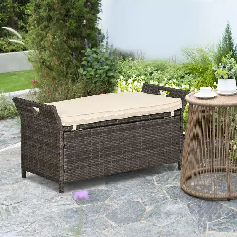 Banc de rangement en osier Outsunny 109 L, mobilier de jardin en rotin PE, pouf rectangulaire 2-en-1 avec poignées et coussin