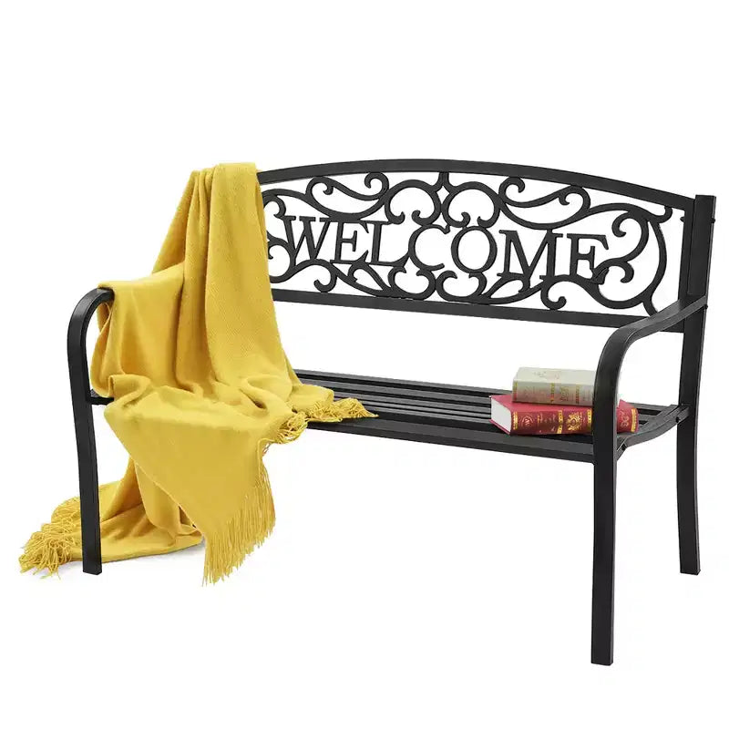 Banc de jardin Costway Meuble d'extérieur de parc et cour, cadre en acier, banc de porche et chemin, causeuse noire