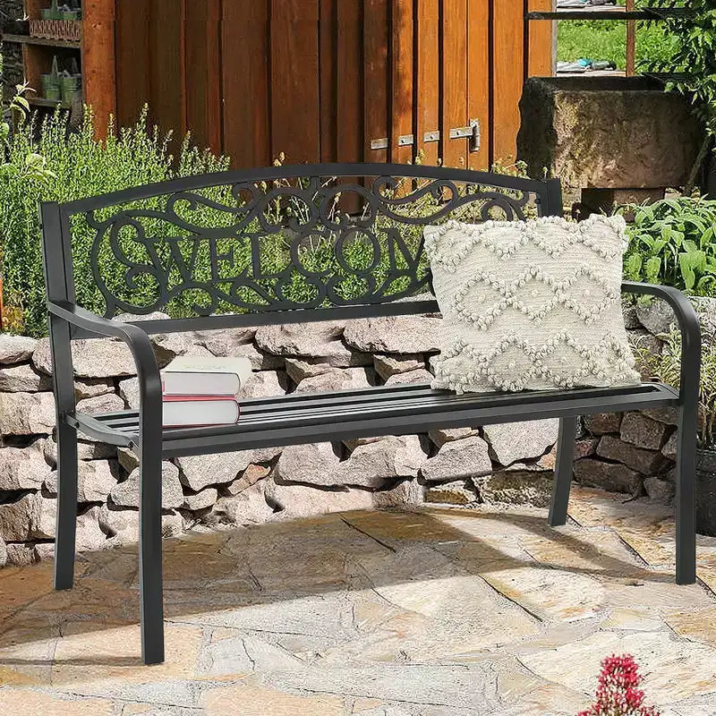 Banc de jardin Costway Meuble d'extérieur de parc et cour, cadre en acier, banc de porche et chemin, causeuse noire
