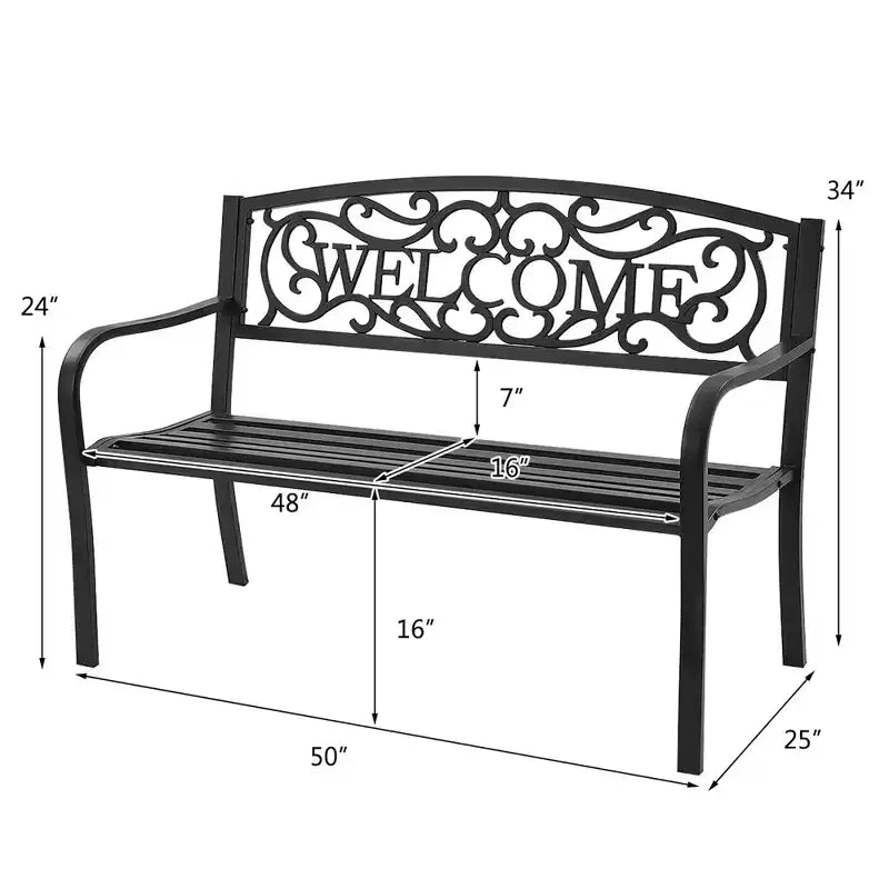 Banc de jardin Costway Meuble d'extérieur de parc et cour, cadre en acier, banc de porche et chemin, causeuse noire
