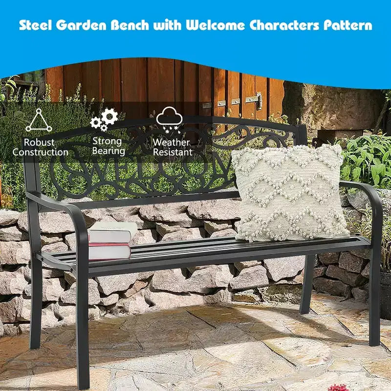 Banc de jardin Costway Meuble d'extérieur de parc et cour, cadre en acier, banc de porche et chemin, causeuse noire