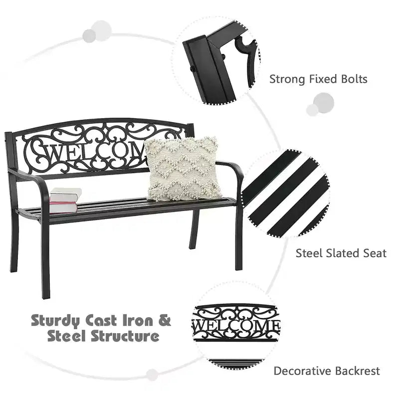 Banc de jardin Costway Meuble d'extérieur de parc et cour, cadre en acier, banc de porche et chemin, causeuse noire